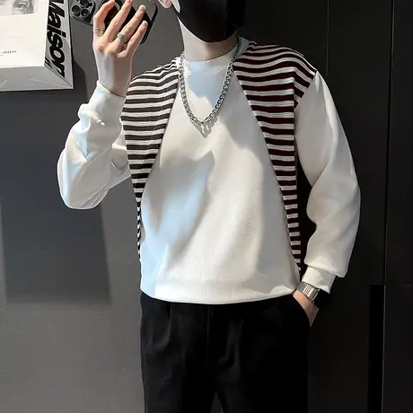 条纹拼接设计感个性卫衣圆领套头衫春秋季新款韩版宽松长袖t恤潮商品大图