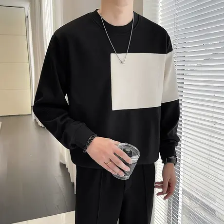 卫衣男春秋季2024新款ins撞色拼接设计感休闲圆领内搭长袖T恤上衣图片