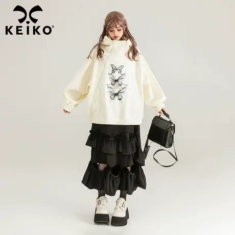 KEIKO 小众设计连帽卫衣加绒24春季酷飒蝴蝶印花高领oversize上衣图片