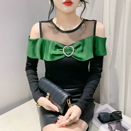 网纱拼接T恤女设计感露肩镂空长袖蝴蝶结爱心钻扣洋气上衣打底衫商品大图