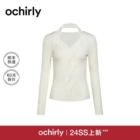 高比例羊毛毛衣女 ochirly欧时力2024新款春装V领交叉坑条设计感图片