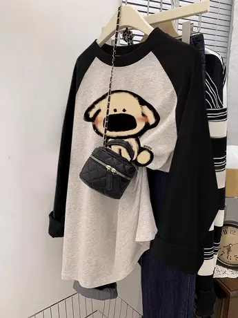 春季纯棉内搭上衣2024新款大码撞色港风打底衫ins潮街头风长袖T恤图片