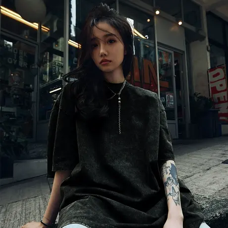 Nuthink美式复古水洗蜡染oversize国潮短袖男潮牌重工280g重磅t恤商品大图