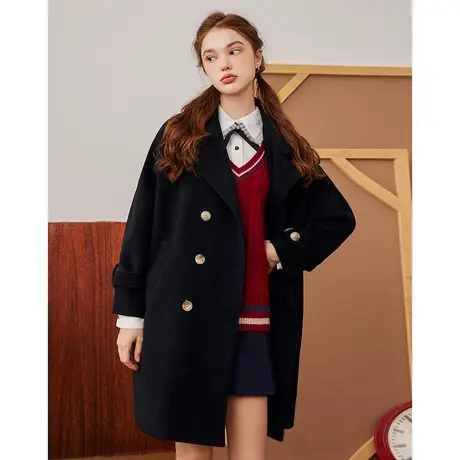 a02秋冬款2023西装领学院风双排扣中长款宽松百搭女式呢大衣图片