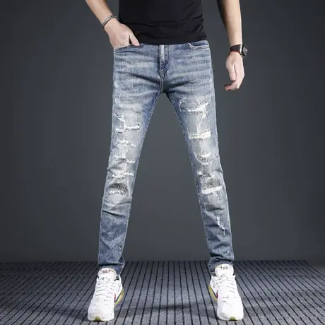 美式高街破洞牛仔裤男补丁春夏季2024新款修身小脚高端弹力男裤子商品大图
