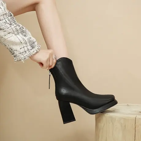 瘦瘦马丁靴炸街小短靴女粗跟高跟鞋厚底防水台新款切尔西靴子女靴商品大图