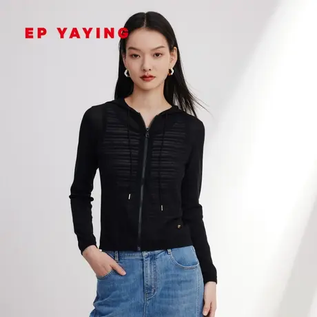 EP YAYING雅莹女装 修身连帽抽绳黑色针织开衫 2024早春新品9158A图片