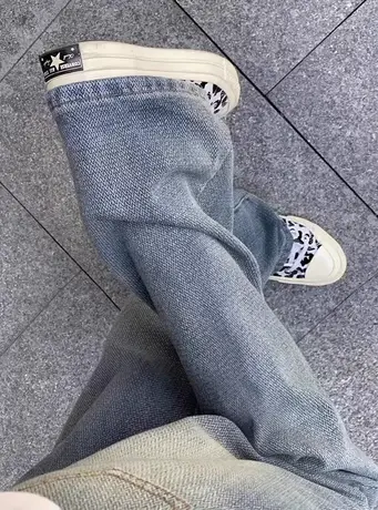 美式高街牛仔裤女秋冬2023新款复古高腰显瘦直筒拖地窄版阔腿裤子图片