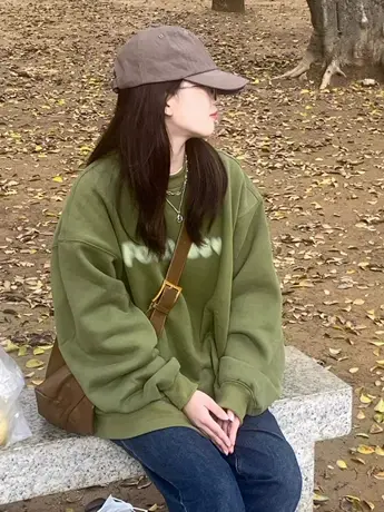 oversize美式复古圆领卫衣女春秋薄款宽松设计感小众上衣慵懒chic商品大图