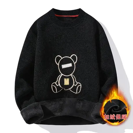 男圆领毛衣潮流秋冬季一体加绒加厚新款打底针织衫冬装保暖上衣服商品大图