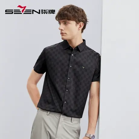 【无缝针织】柒牌短袖衬衫男士夏季新款时尚格纹印花高弹翻领衬衣商品大图