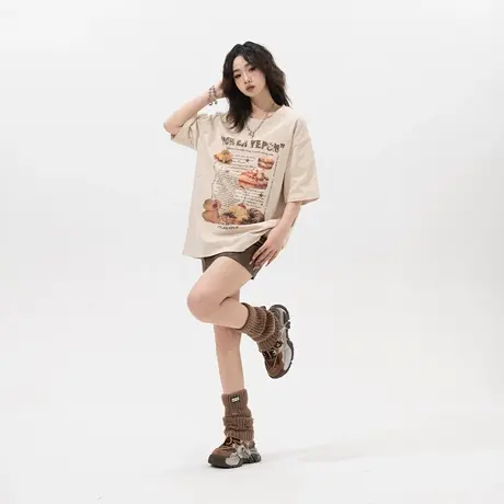 YEP美式复古印花短袖t恤女夏季2024年新款纯棉半袖情侣装宽松上衣图片