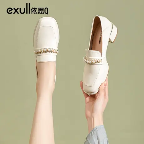 依思q白色皮鞋女2024新款气质高跟鞋不累脚女鞋上班配正装的鞋子图片