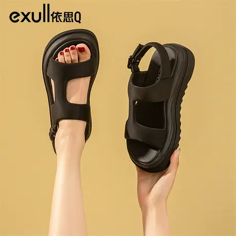 依思q运动凉鞋女款夏季2024年新款厚底松糕平底黑色沙滩鞋子海边商品大图