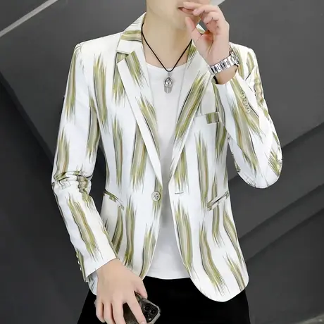 韩版修身型西服外套男款秋季帅气个性条纹青年潮流印花小西装上衣商品大图