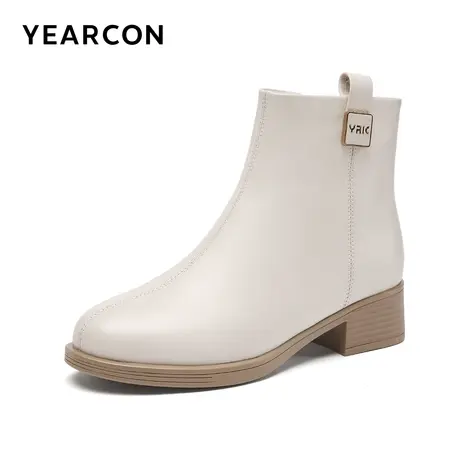 意尔康靴子女士粗跟短筒2023冬季新款真皮加绒保暖中年妈妈棉鞋图片