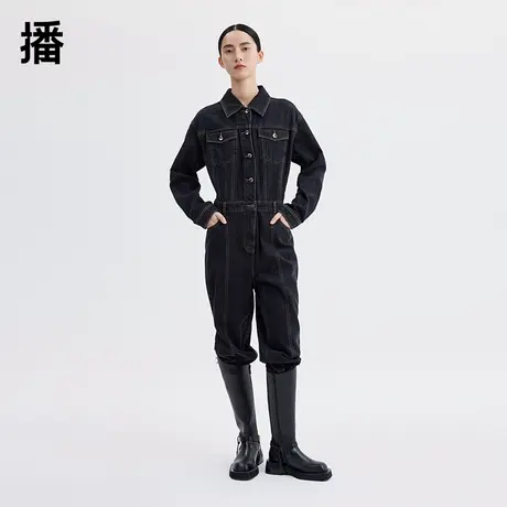 播2023秋季新品宽松直筒工装后背印花牛仔连体裤长裤女DDQ2JD5077商品大图