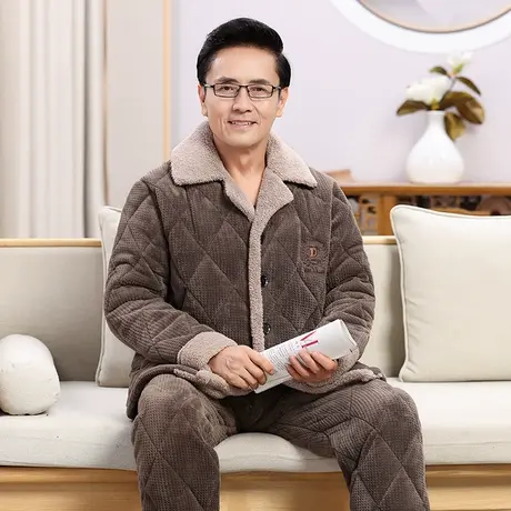 婷美中老年睡衣男秋冬季三层夹棉长毛绒加厚保暖家居服冬款两件套商品大图
