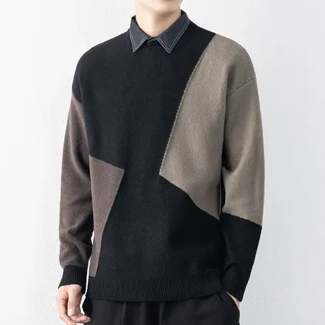 假两件毛衣男士撞色ins潮流衬衫领秋冬季打底针织衫加绒男装线衣商品大图