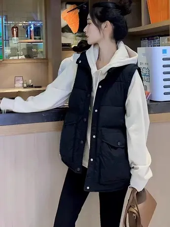 羽绒棉马甲女外穿2023年秋冬季新款韩版时尚外搭马夹宽松背心外套图片