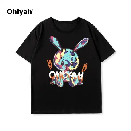 Ohlyah宽松卡通兔子圆领Oversize纯棉潮牌短袖男女同款设计感T恤商品大图