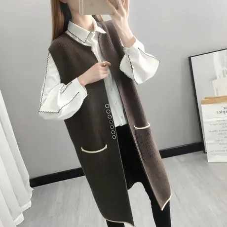 中长款针织马甲背心女2023春季新款宽松口袋开衫显瘦韩版马夹外搭商品大图