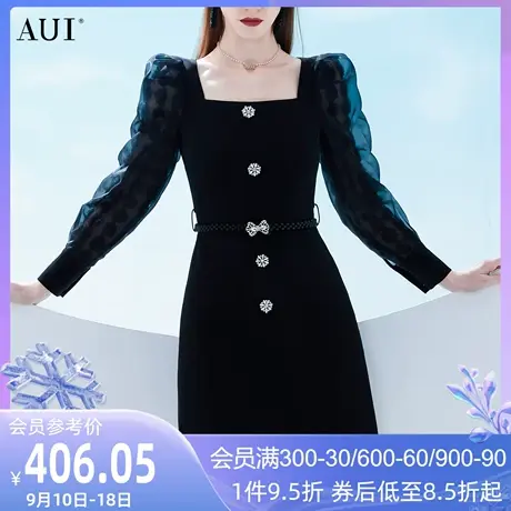 AUI小个子方领泡泡袖连衣裙2023女春新款黑色设计感修身显瘦a字裙图片