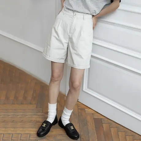 omont蛋挞家 复古翻领卷边休闲短裤女夏季宽松阔腿裤显瘦直筒裤子商品大图