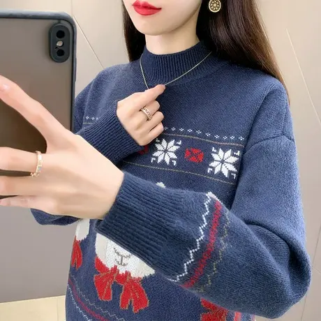 女士半高领毛衣宽松卡通提花套头2023年秋冬新款针织衫女宽松外穿商品大图