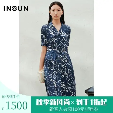 恩裳2023夏季新款艺术水波纹印花气质翻驳V领真丝连衣裙图片