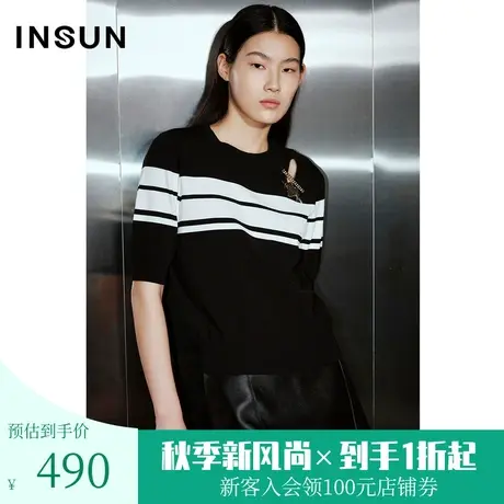 恩裳COVER2023夏新款伊力特简约撞色条纹肩部镂空设计舒适针织衫商品大图