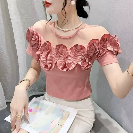 欧货木耳边上衣女短袖夏季性感镂空T恤网纱拼接小衫修身圆领体恤商品大图