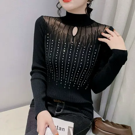 网纱拼接针织衫女士秋冬性感镂空心机毛衣套头烫钻半高领打底上衣商品大图
