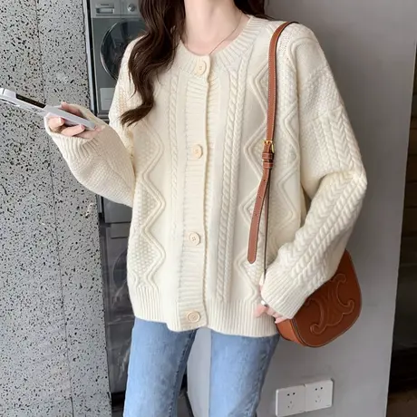 圆领复古麻花针织开衫2023秋装新款日系外套设计感外穿毛衣洋气女商品大图