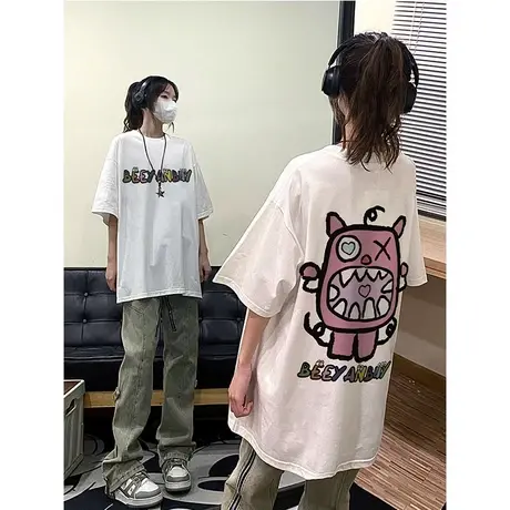 美式百搭纯棉卡通印花爆款短袖T恤女2023夏季潮牌设计感小众上衣商品大图