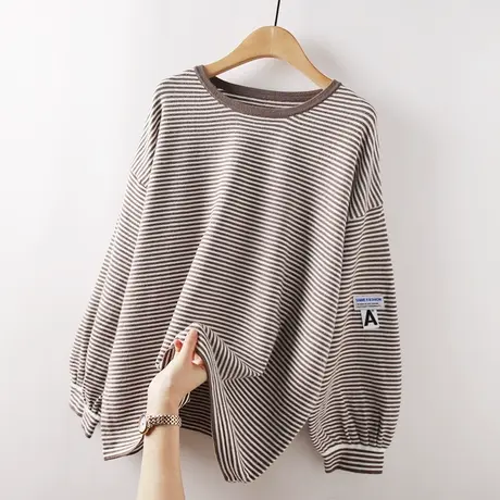 撞色条纹针织衫女春秋2021新款圆领长袖时尚韩版宽松慵懒休闲上衣图片