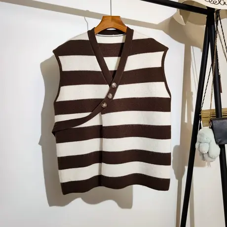 中长款针织马甲开衫女秋冬新款宽松v领遮肉显瘦条纹毛衣背心外穿商品大图