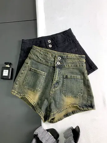 港风复古水洗高腰牛仔口袋短裤女2023夏季新款弹力紧身a字热裤ins商品大图