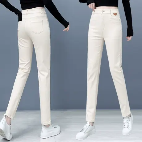 米白色牛仔裤女九分显瘦烟管裤春秋2023年新款高腰哈伦小脚休闲裤商品大图