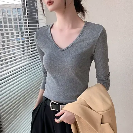 纯棉打底衫女2023秋季新品v领长袖t恤修身露锁骨内搭白色正肩上衣商品大图