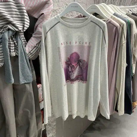 2023春秋装新款韩版圆领字母女孩图案明线设计宽松长袖T恤女上衣商品大图