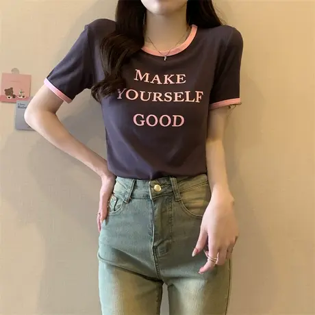 圆领正肩印花短袖t恤女夏季美式复古修身高级感短款上衣独特别致图片
