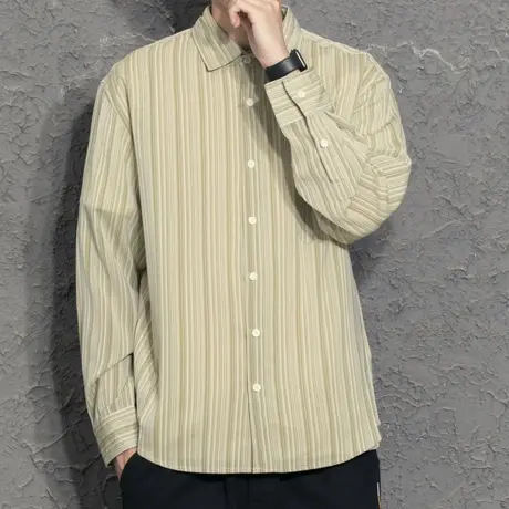 小众设计感复古草绿竖条纹长袖衬衫男 日系随性垂坠感衬衣春秋潮图片