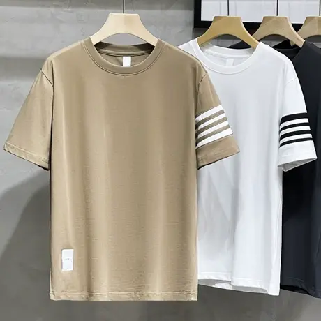 美式休闲短袖t恤男春夏季TB风冰丝棉四条杠条纹半袖重磅打底衫男商品大图