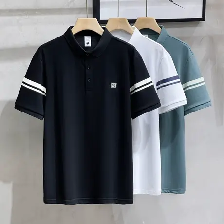 条纹短袖t恤衫男士Polo衫冰丝夏季休闲通勤宽松男装新款t翻领上衣商品大图