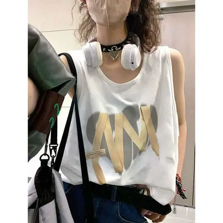 美式复古纯棉吊带运动坎肩背心无袖t恤女夏外穿宽松港风挂脖上衣商品大图