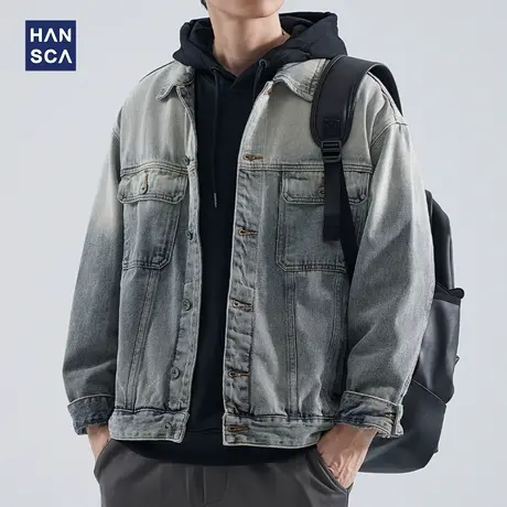 hansca工装牛仔外套男潮牌秋季美式复古水洗渐变色宽松休闲夹克男图片