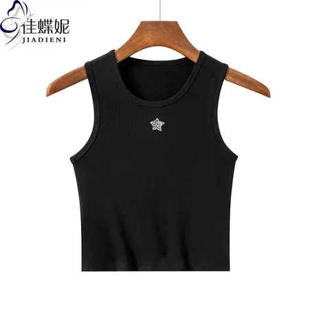 夏季新款圆领修身短款纯欲辣妹性感纯棉烫钻背心上衣内搭女打底衫图片