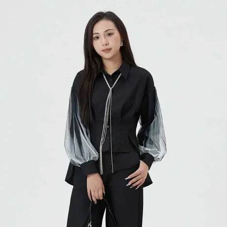 【直播秀】sdeer圣迪奥女装翻领压褶晕染网纱不规则衬衫S24180510商品大图