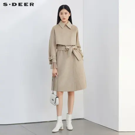 sdeer圣迪奥女装翻领褶皱收腰两件套毛呢大衣S22482506图片